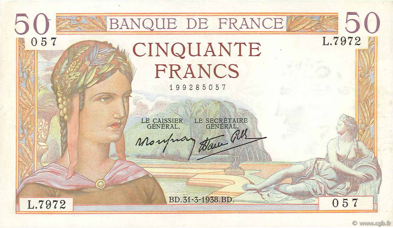 50 Francs CÉRÈS modifié FRANCE  1938 F.18.11 VF+