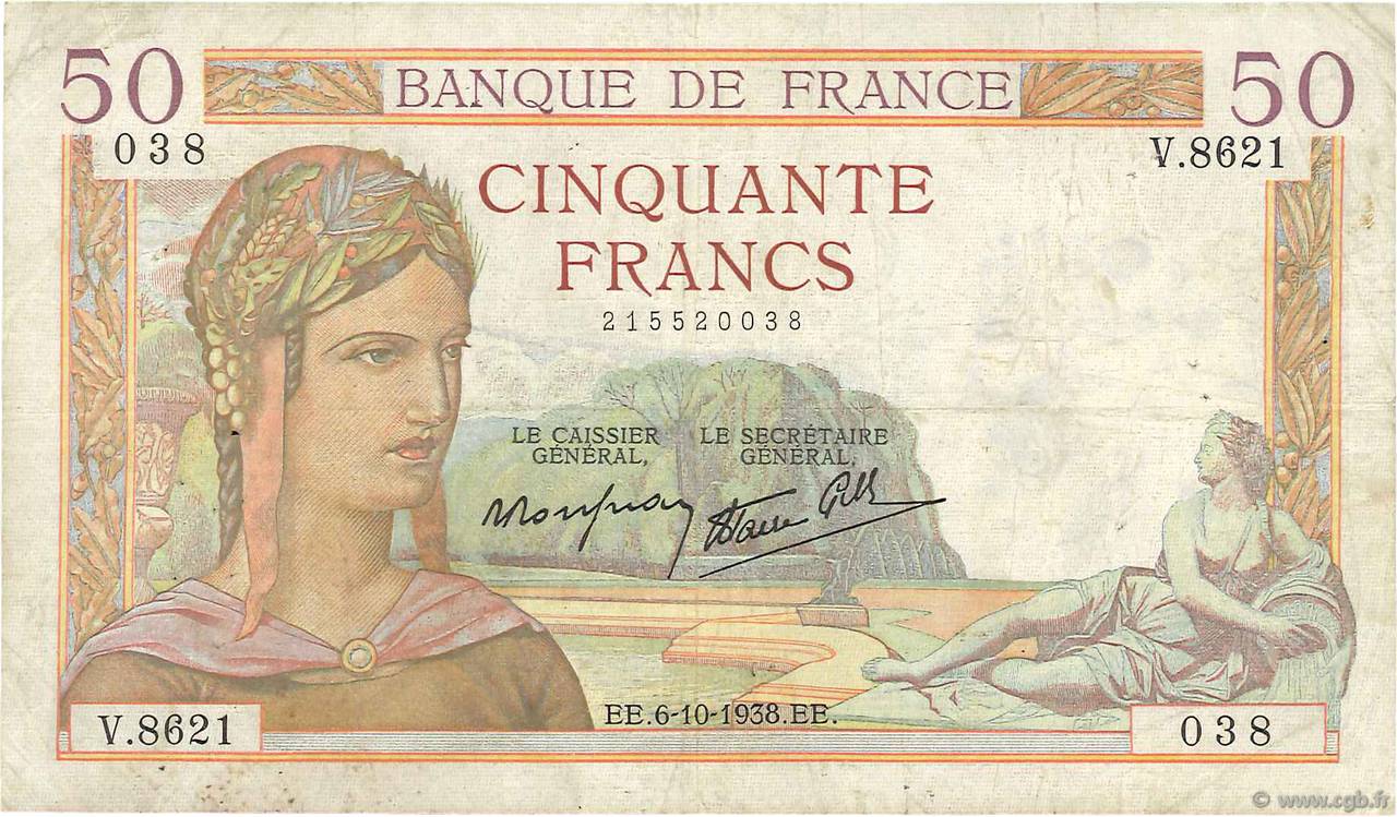 50 Francs CÉRÈS modifié FRANCIA  1938 F.18.15 MB