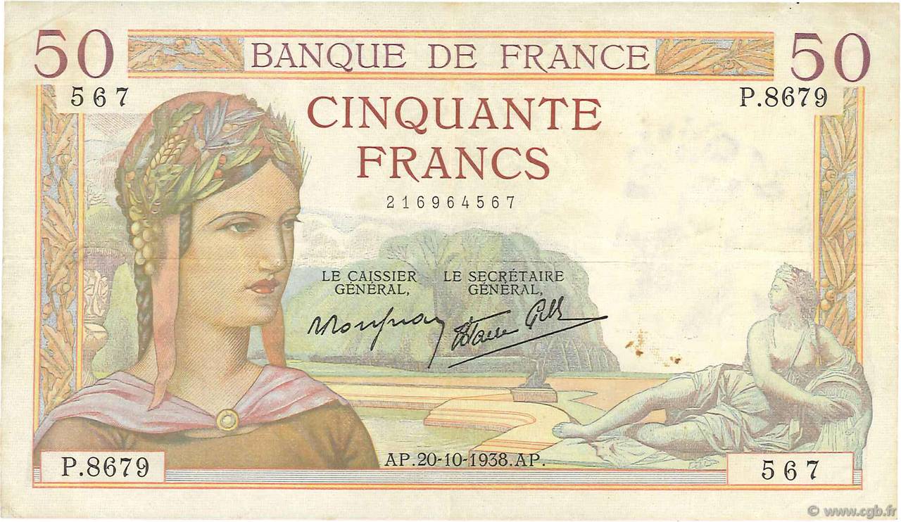 50 Francs CÉRÈS modifié FRANKREICH  1938 F.18.16 SS