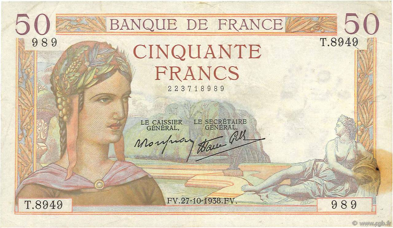 50 Francs CÉRÈS modifié FRANCE  1938 F.18.17 VF