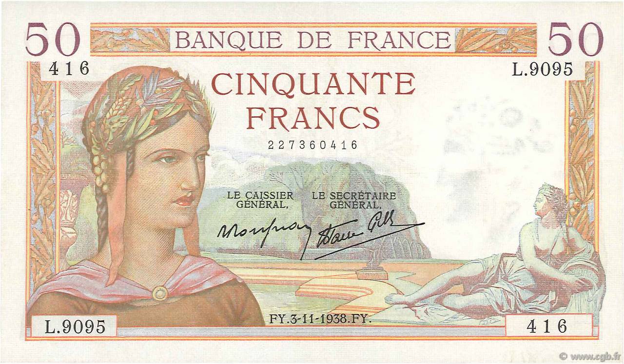 50 Francs CÉRÈS modifié FRANKREICH  1938 F.18.18 fVZ
