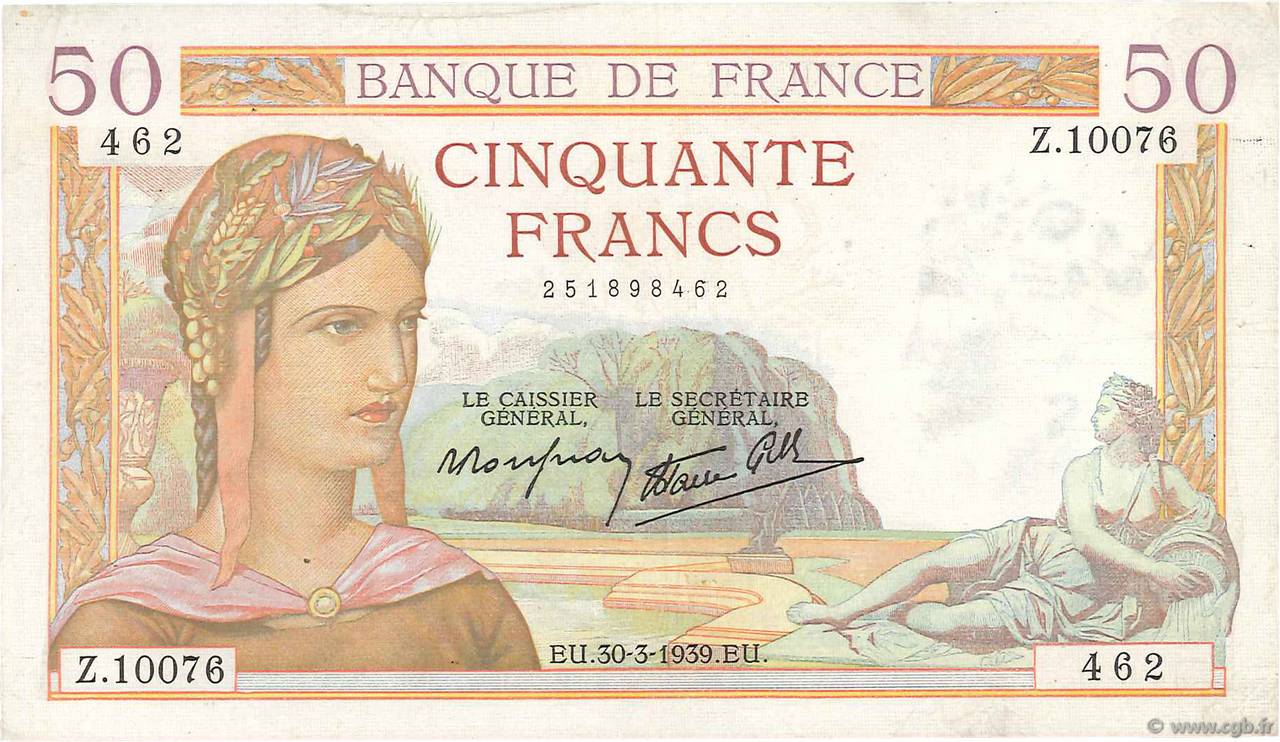 50 Francs CÉRÈS modifié FRANKREICH  1939 F.18.24 SS