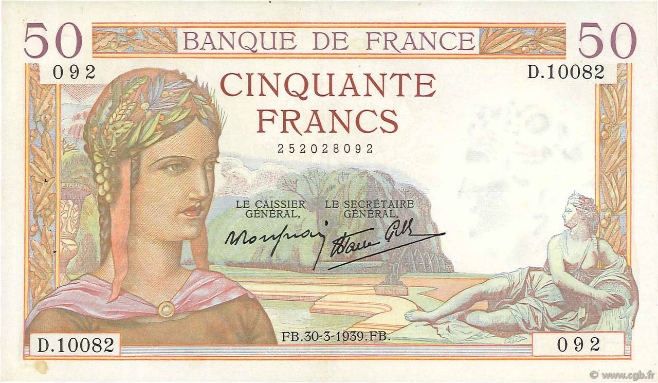 50 Francs CÉRÈS modifié FRANKREICH  1939 F.18.24 fVZ