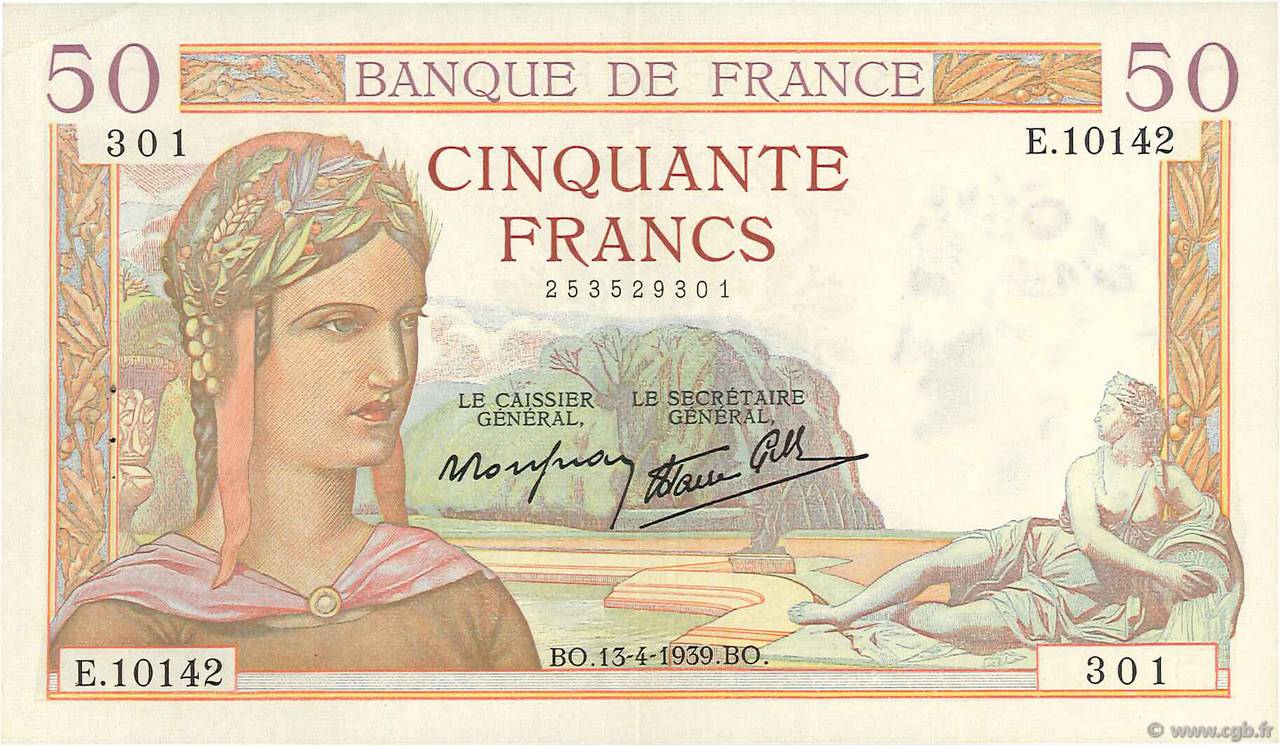 50 Francs CÉRÈS modifié FRANCE  1939 F.18.25 XF+