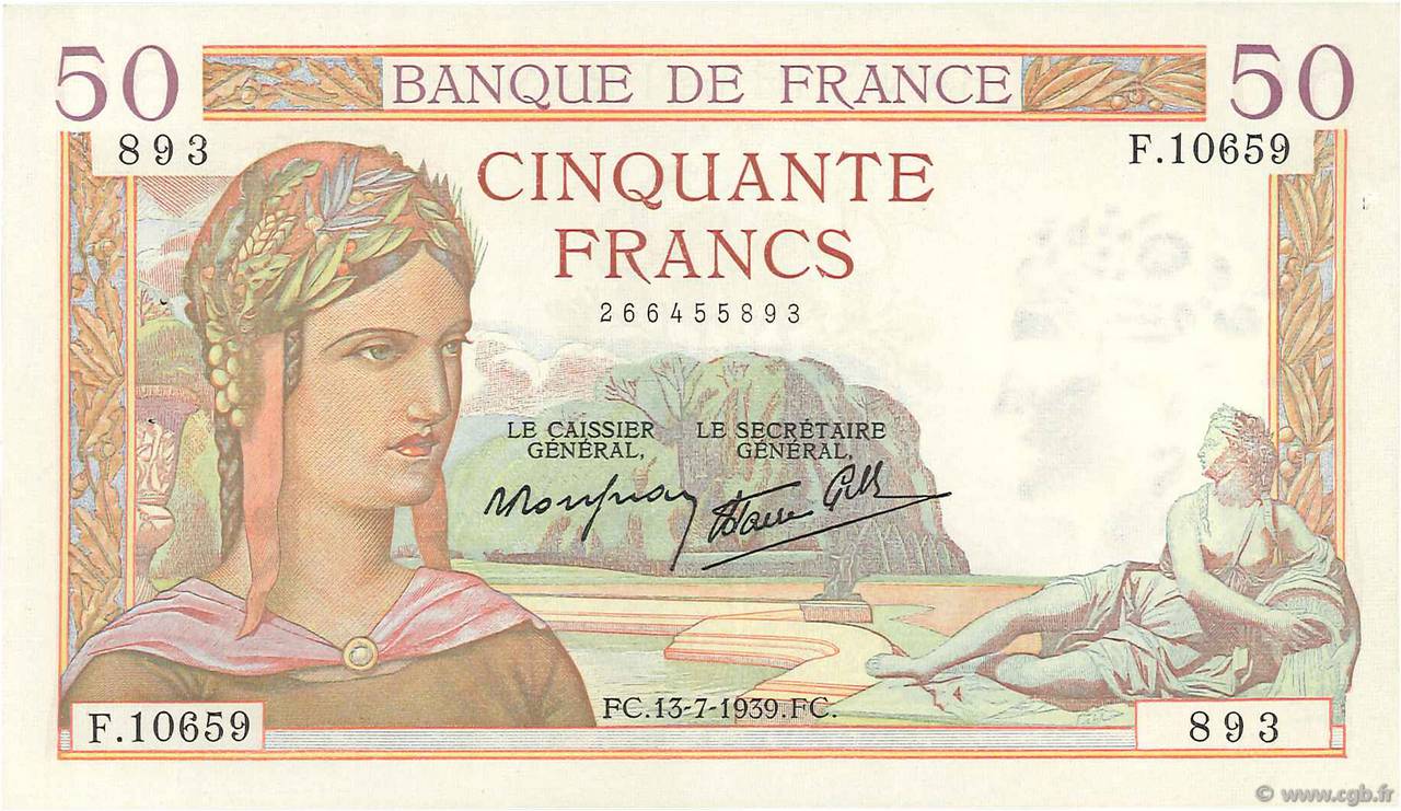 50 Francs CÉRÈS modifié FRANKREICH  1939 F.18.28 VZ+