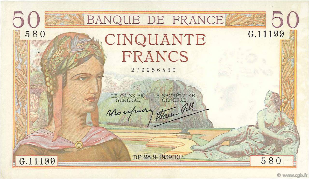 50 Francs CÉRÈS modifié FRANCE  1939 F.18.32 XF+