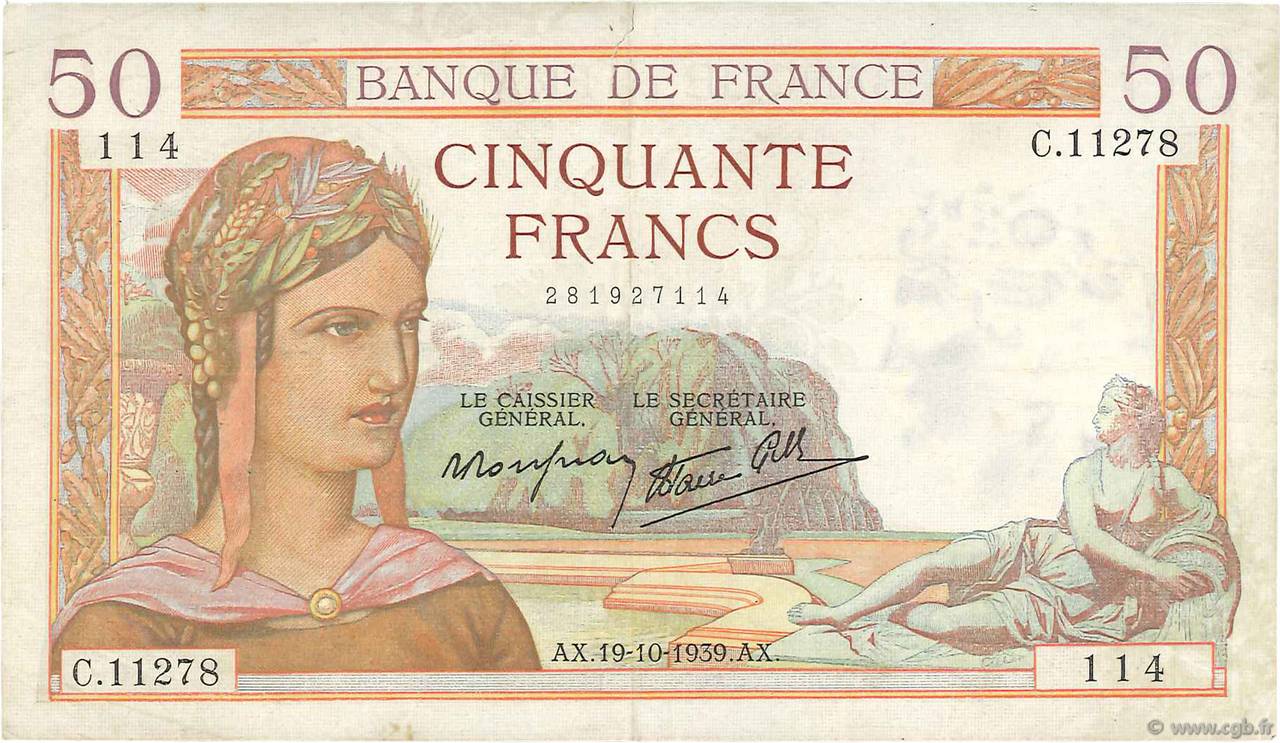 50 Francs CÉRÈS modifié FRANCE  1939 F.18.33 TTB