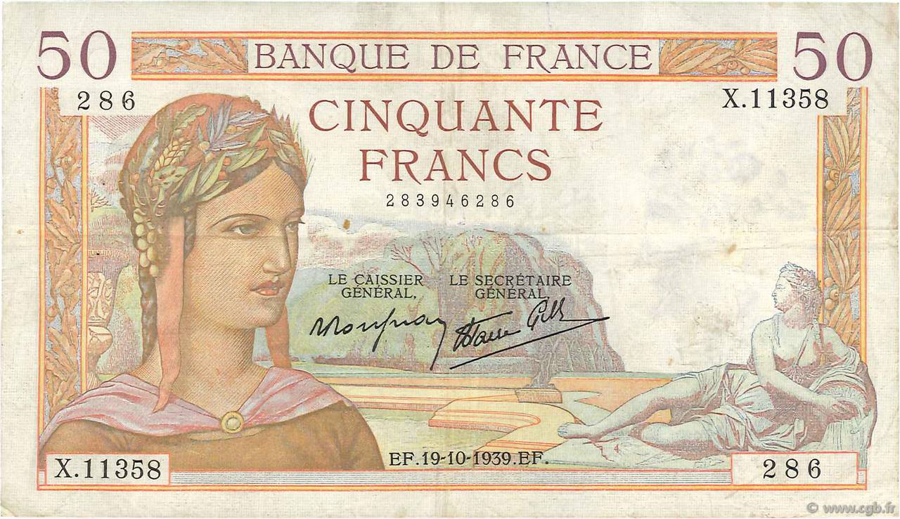 50 Francs CÉRÈS modifié FRANKREICH  1939 F.18.33 SS