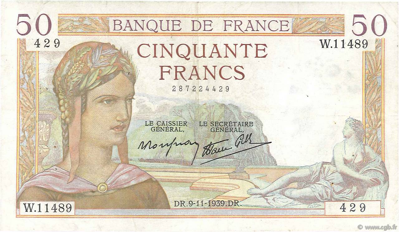 50 Francs CÉRÈS modifié FRANKREICH  1939 F.18.34 fSS