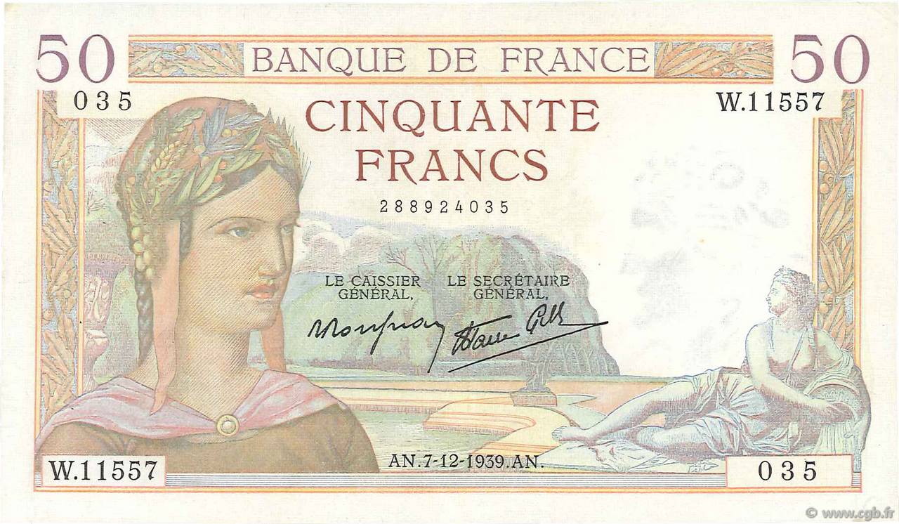 50 Francs CÉRÈS modifié FRANCIA  1939 F.18.35 q.SPL