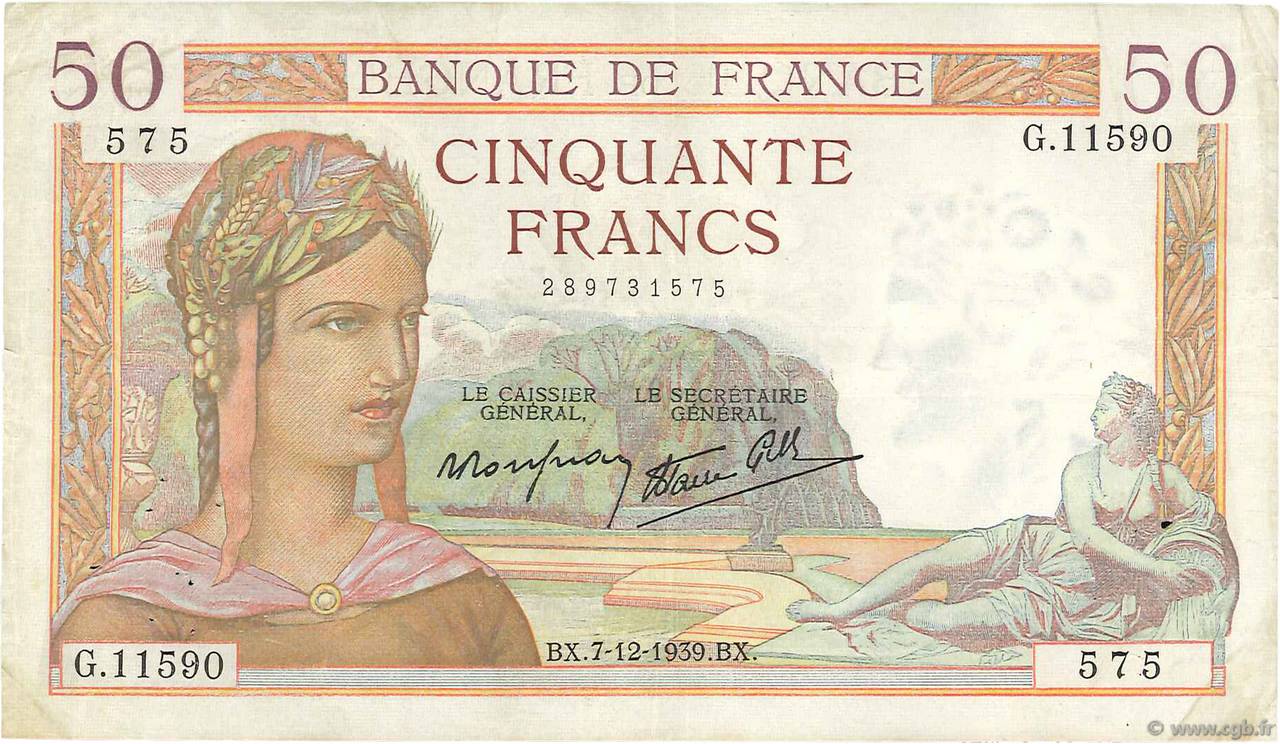50 Francs CÉRÈS modifié FRANCIA  1939 F.18.35 MBC