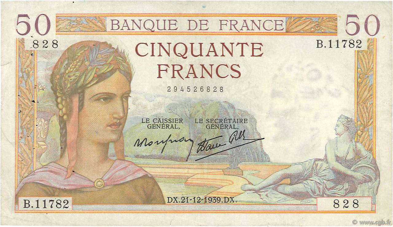 50 Francs CÉRÈS modifié FRANCE  1939 F.18.36 pr.TTB