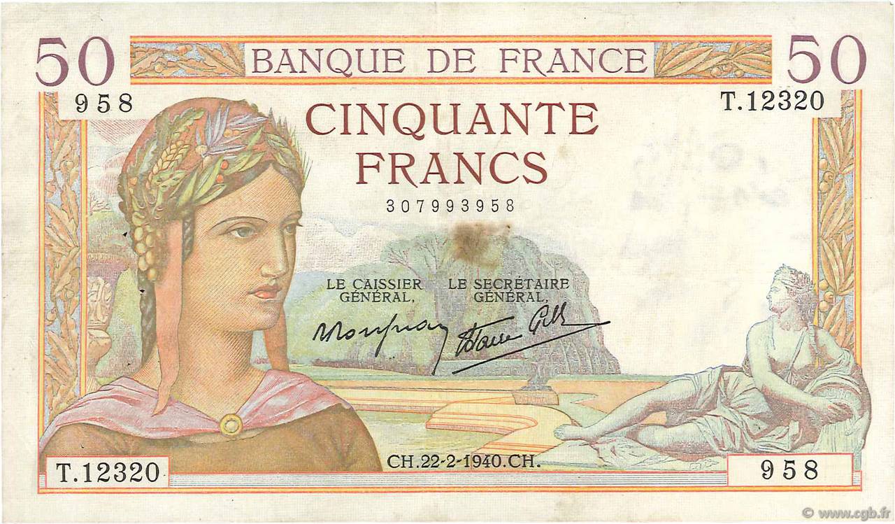 50 Francs CÉRÈS modifié FRANCIA  1940 F.18.39 q.SPL