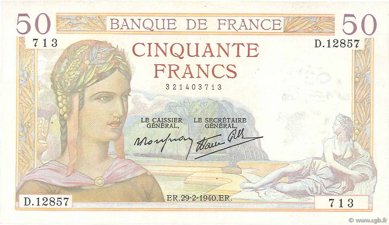 50 Francs CÉRÈS modifié FRANCE  1940 F.18.40 TTB