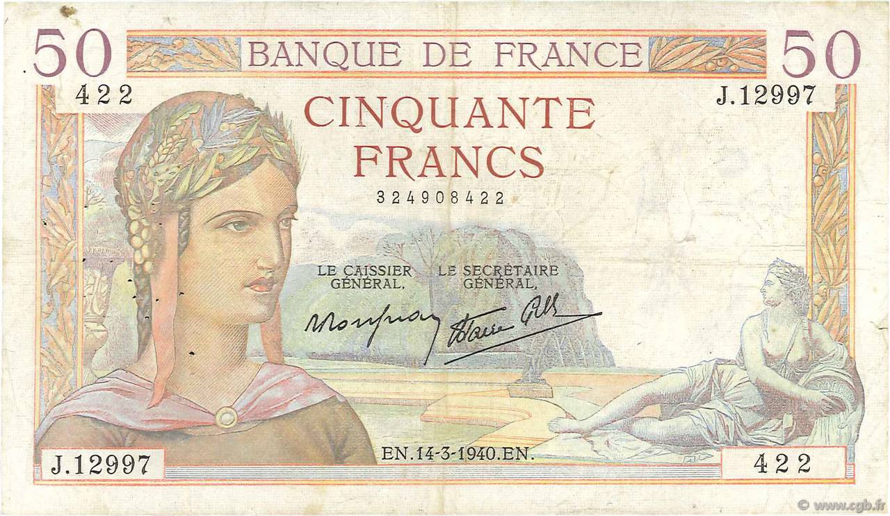50 Francs CÉRÈS modifié FRANCE  1940 F.18.41 pr.TTB
