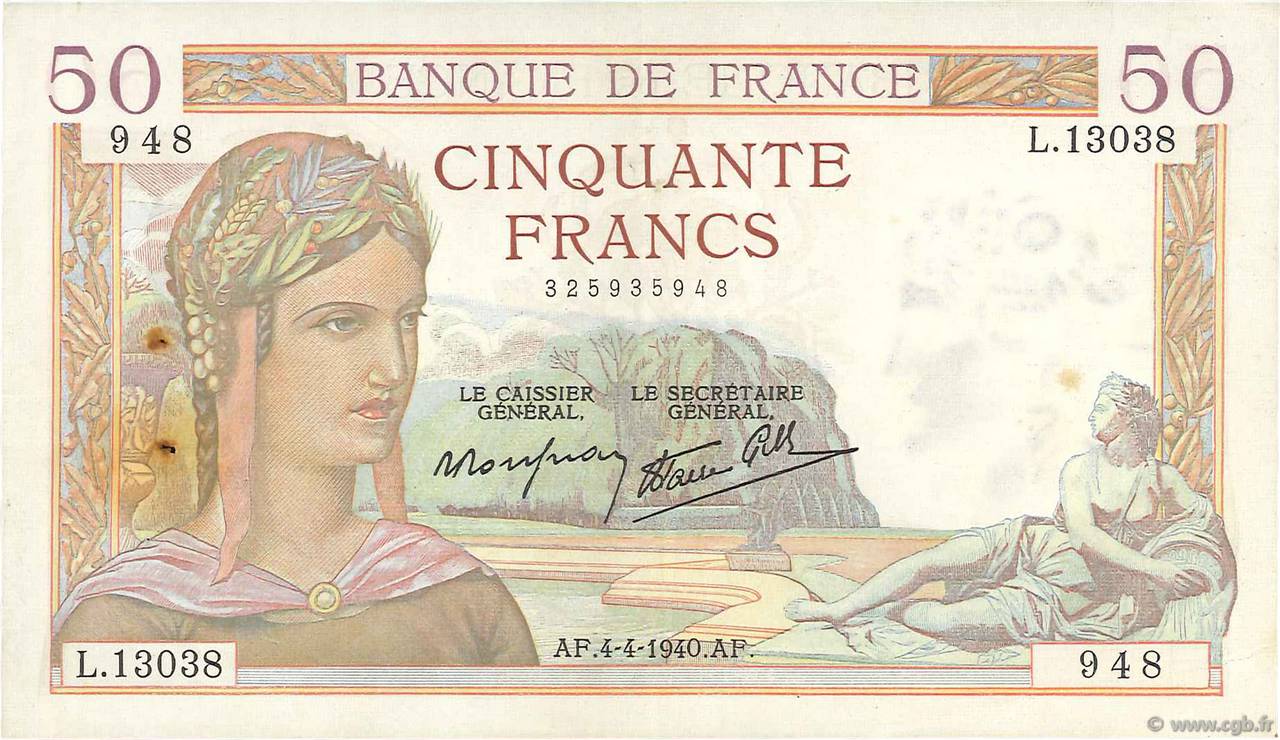 50 Francs CÉRÈS modifié FRANKREICH  1940 F.18.42 VZ