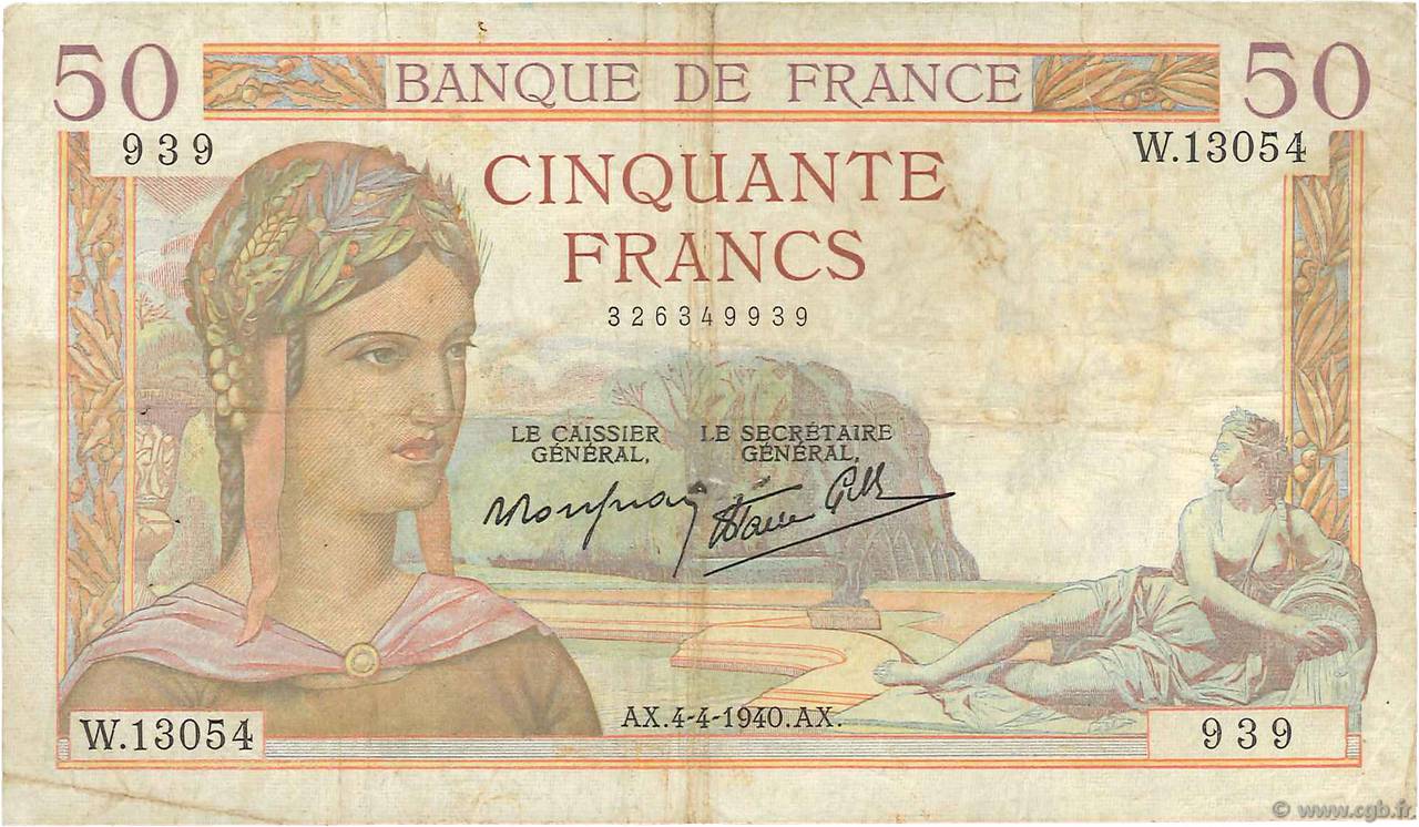 50 Francs CÉRÈS modifié FRANCE  1940 F.18.42 TB