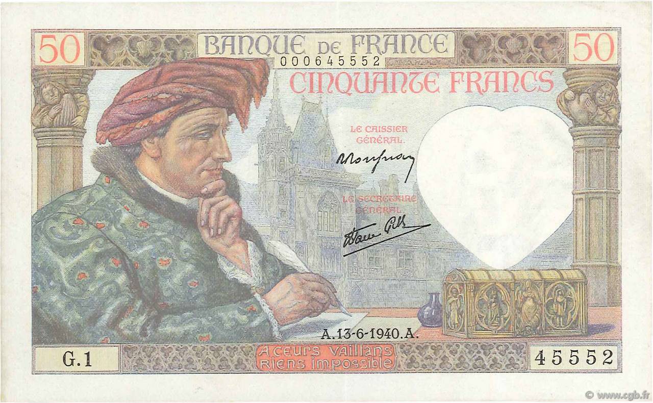 50 Francs JACQUES CŒUR FRANKREICH  1940 F.19.01 VZ