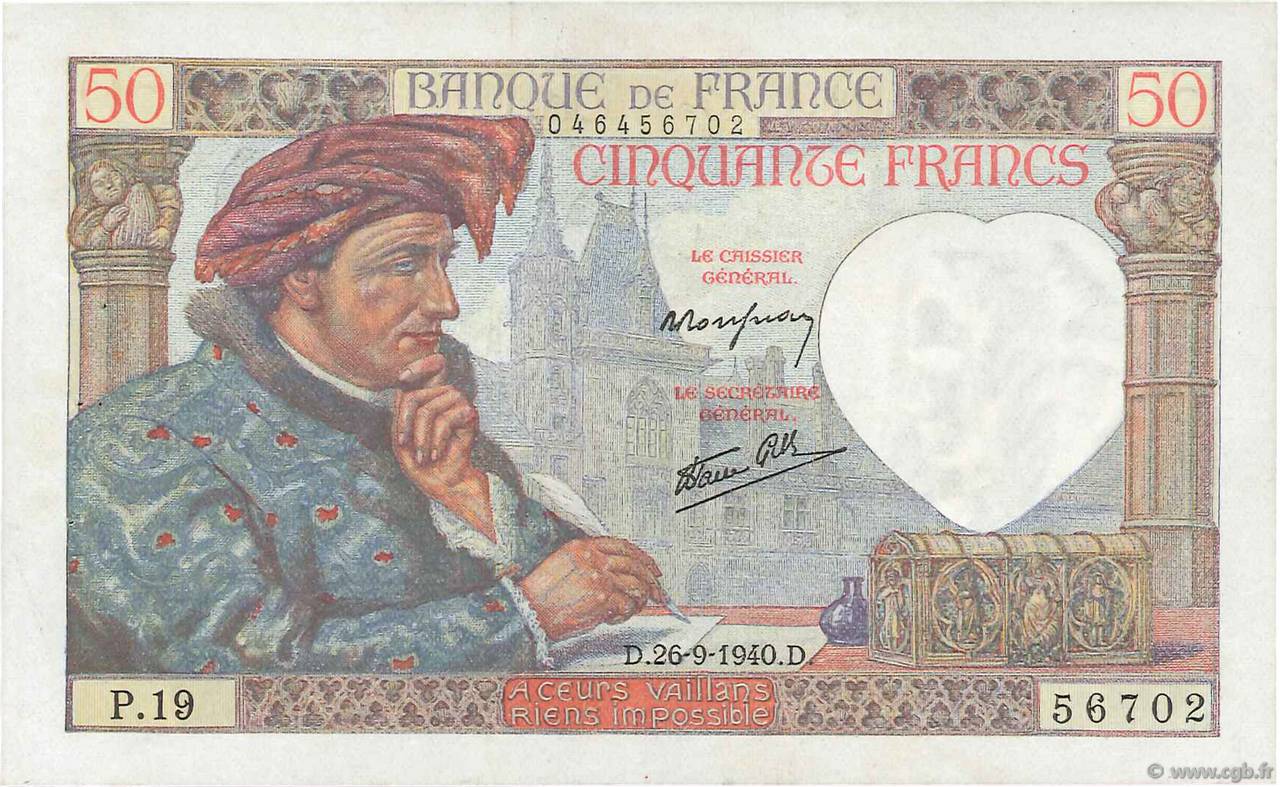 50 Francs JACQUES CŒUR FRANCE  1940 F.19.03 VF+