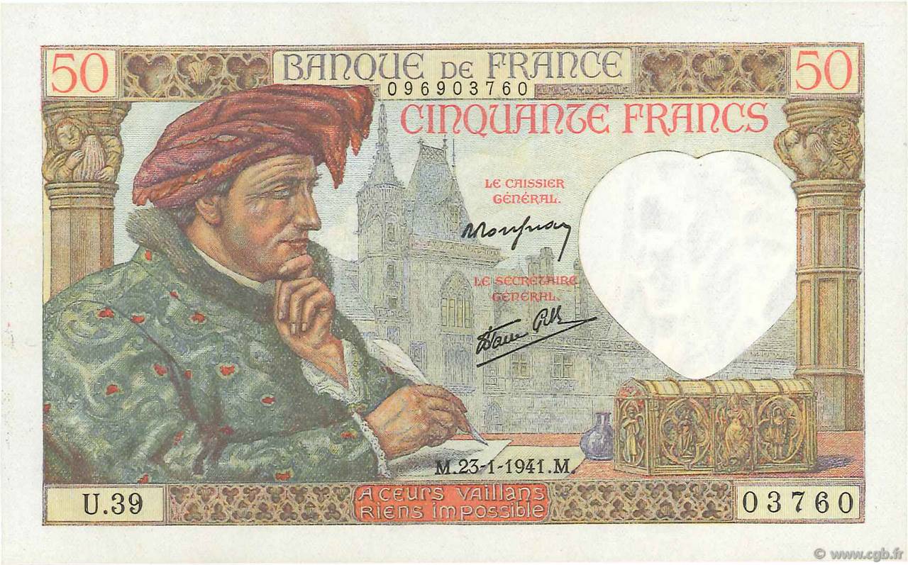 50 Francs JACQUES CŒUR FRANCIA  1941 F.19.05 q.FDC