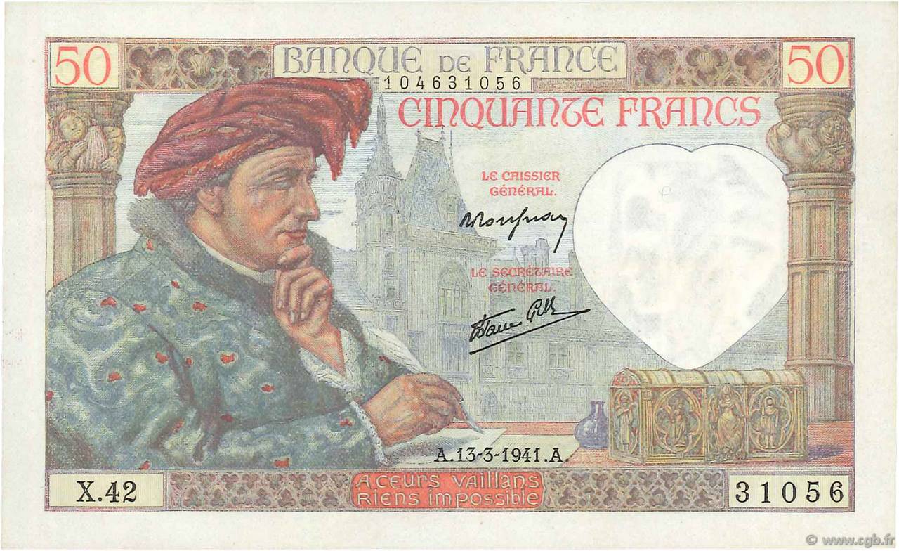 50 Francs JACQUES CŒUR FRANCIA  1941 F.19.07 q.FDC