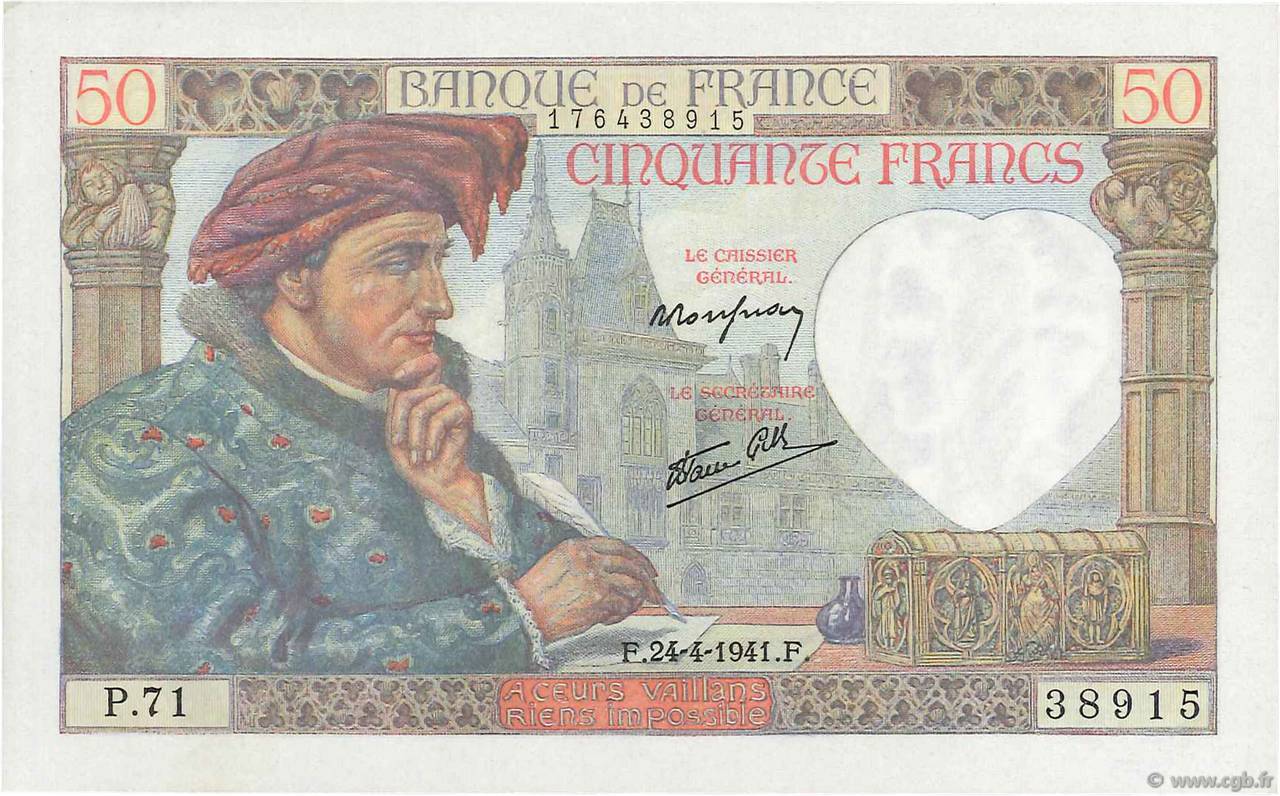 50 Francs JACQUES CŒUR FRANCIA  1941 F.19.09 FDC