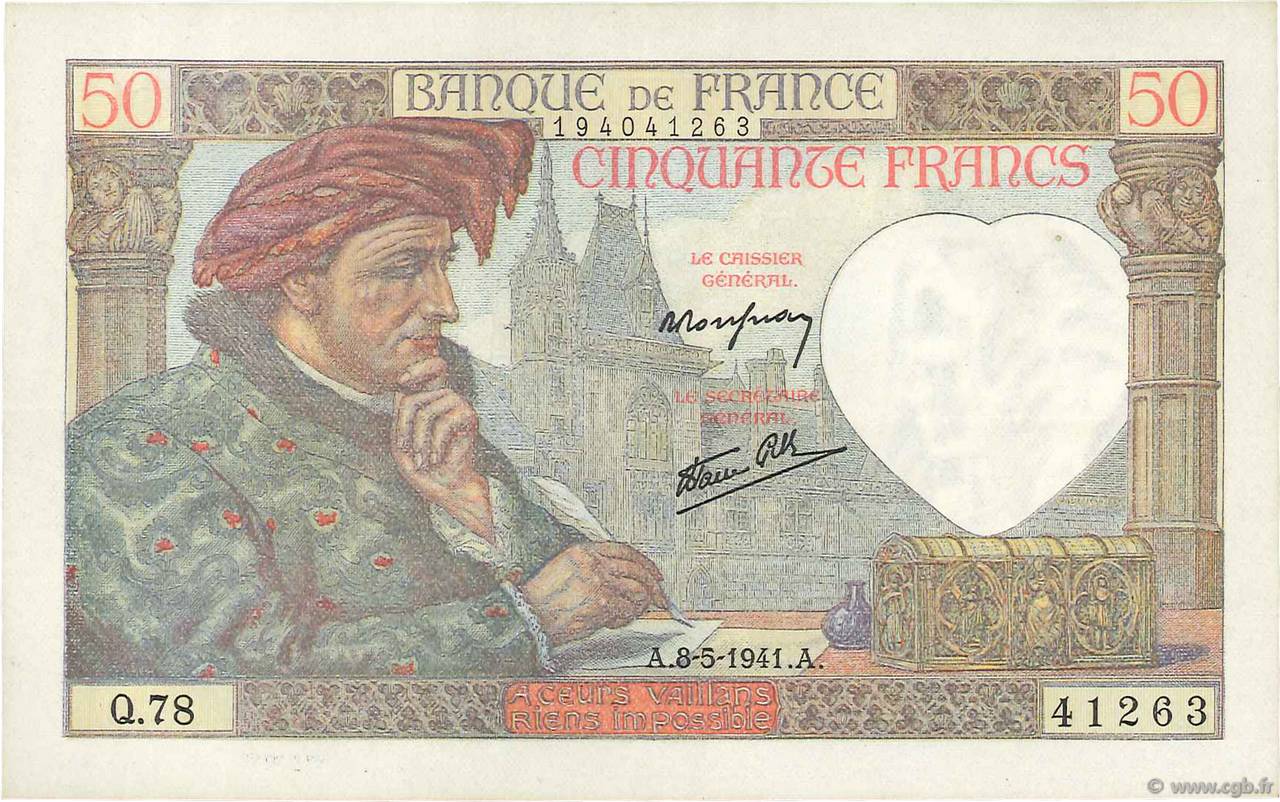50 Francs JACQUES CŒUR FRANCE  1941 F.19.10 XF+