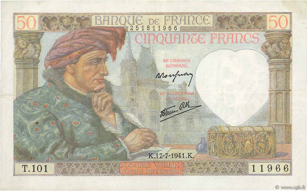 50 Francs JACQUES CŒUR FRANCE  1941 F.19.12 VF+