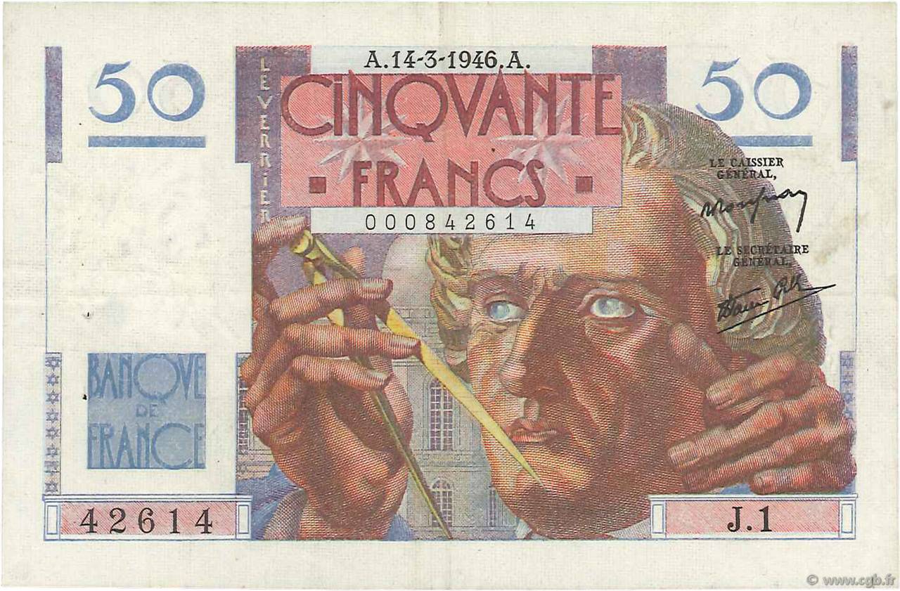 50 Francs LE VERRIER FRANCIA  1946 F.20.01 MBC+