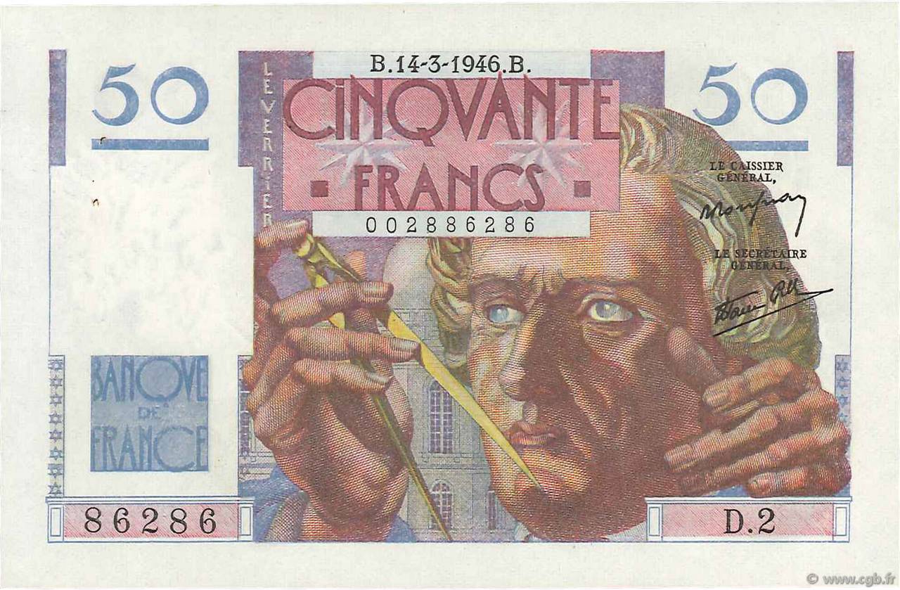 50 Francs LE VERRIER FRANCIA  1946 F.20.01 AU