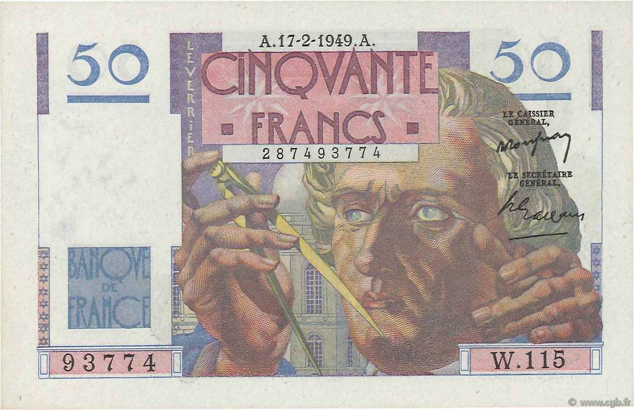 50 Francs LE VERRIER FRANCIA  1949 F.20.11 q.FDC