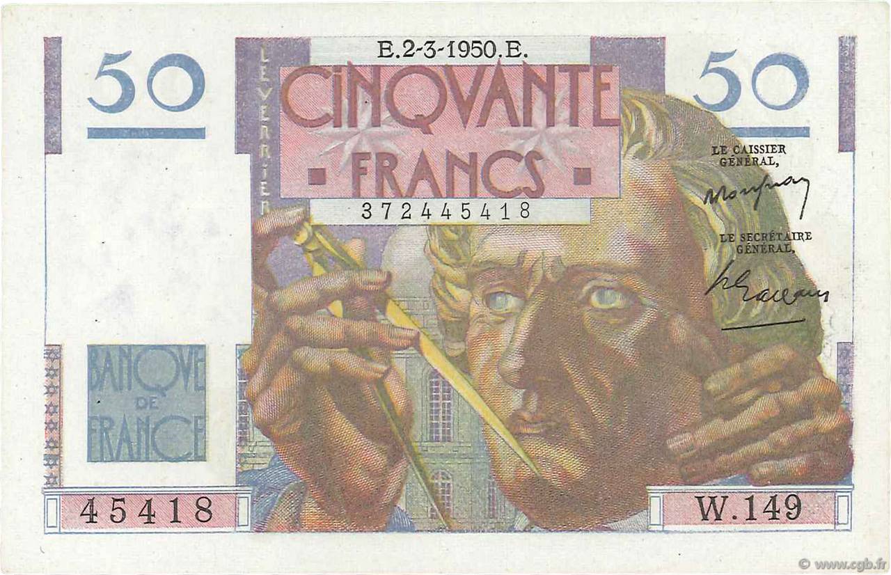 50 Francs LE VERRIER FRANCIA  1950 F.20.14 q.AU