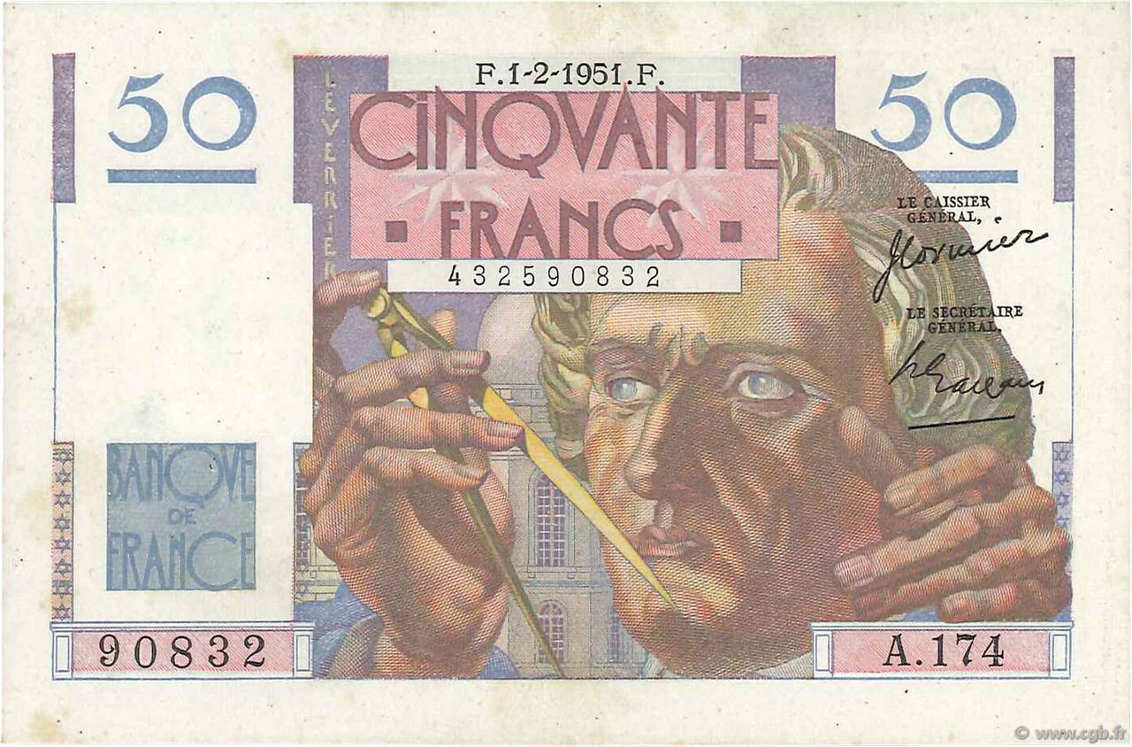 50 Francs LE VERRIER FRANCIA  1950 F.20.17 q.SPL
