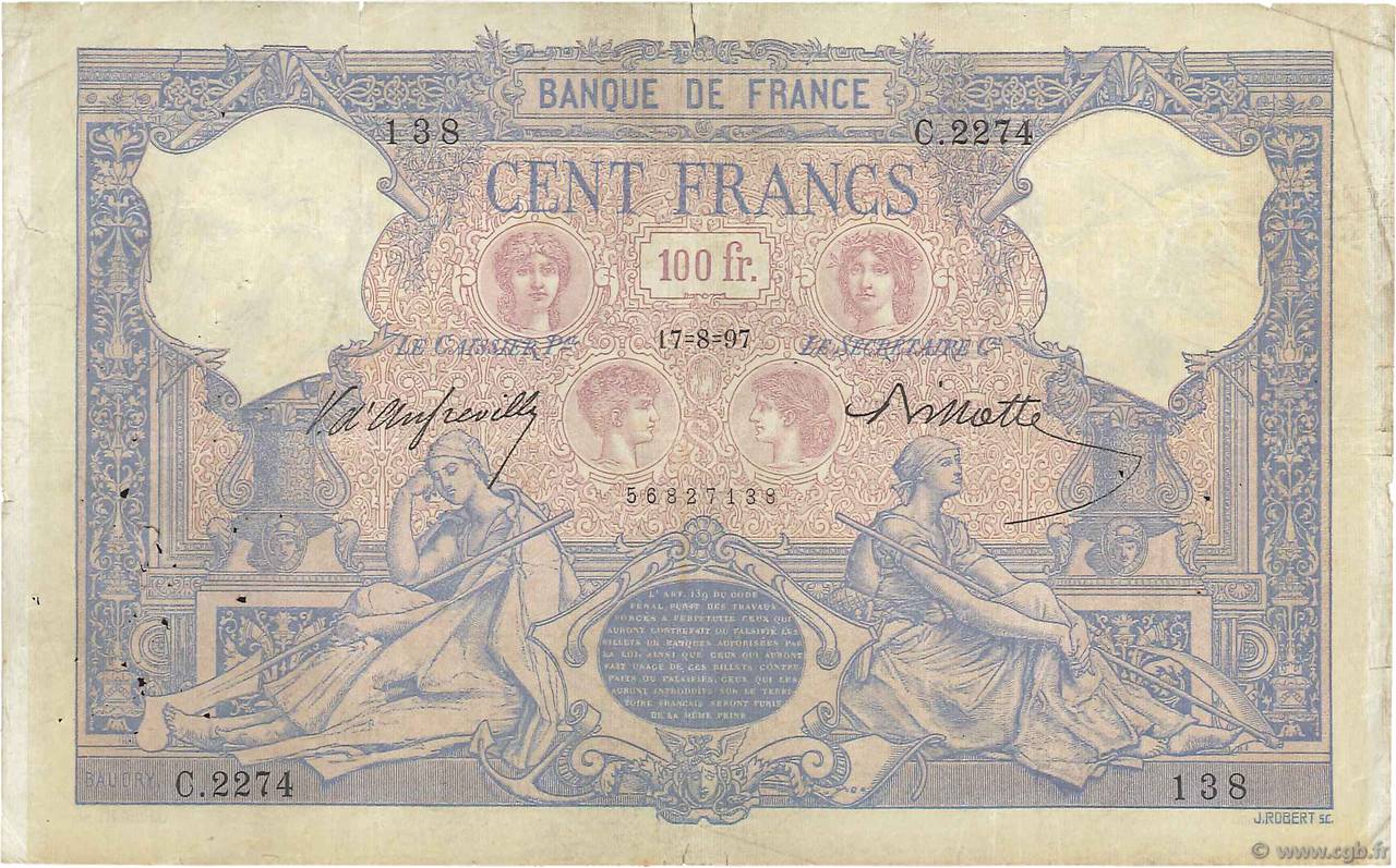 100 Francs BLEU ET ROSE FRANCIA  1897 F.21.10 RC+