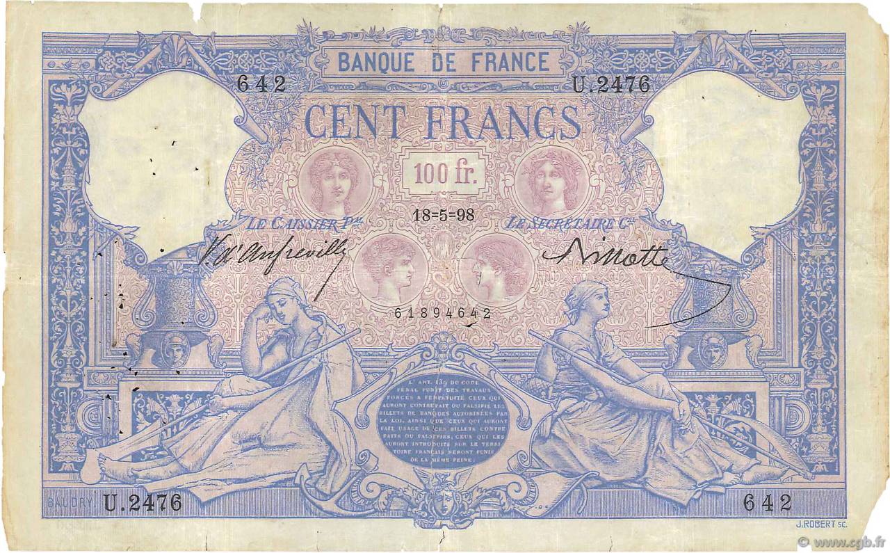 100 Francs BLEU ET ROSE FRANCIA  1898 F.21.11 B