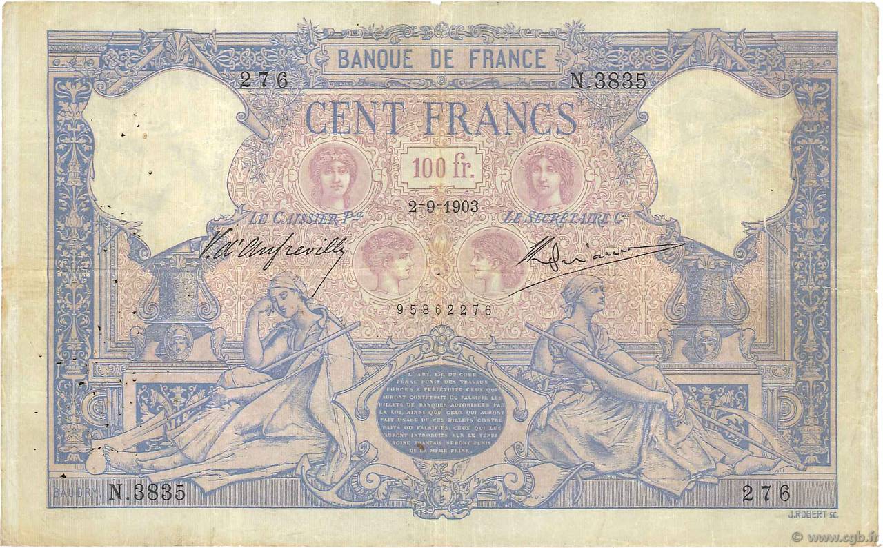 100 Francs BLEU ET ROSE FRANCE  1903 F.21.17 F