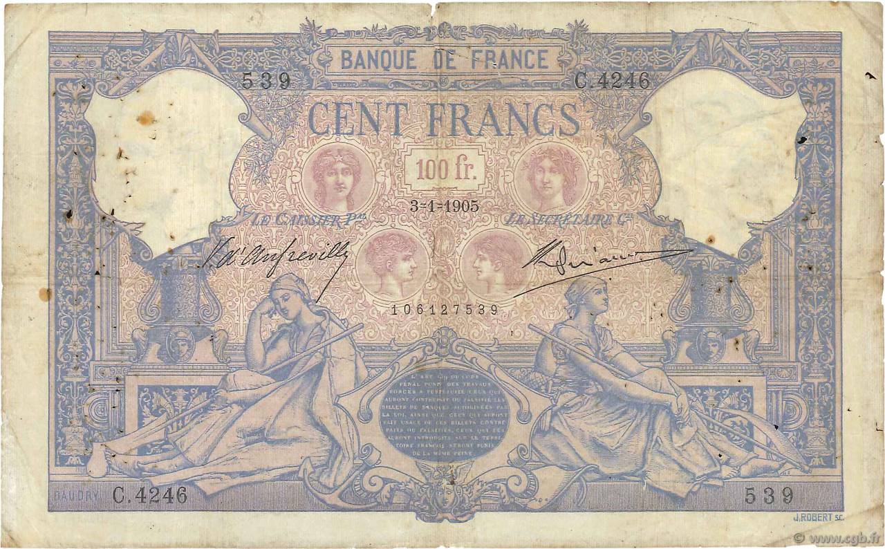 100 Francs BLEU ET ROSE Petit numéro FRANCE  1905 F.21.19 B+