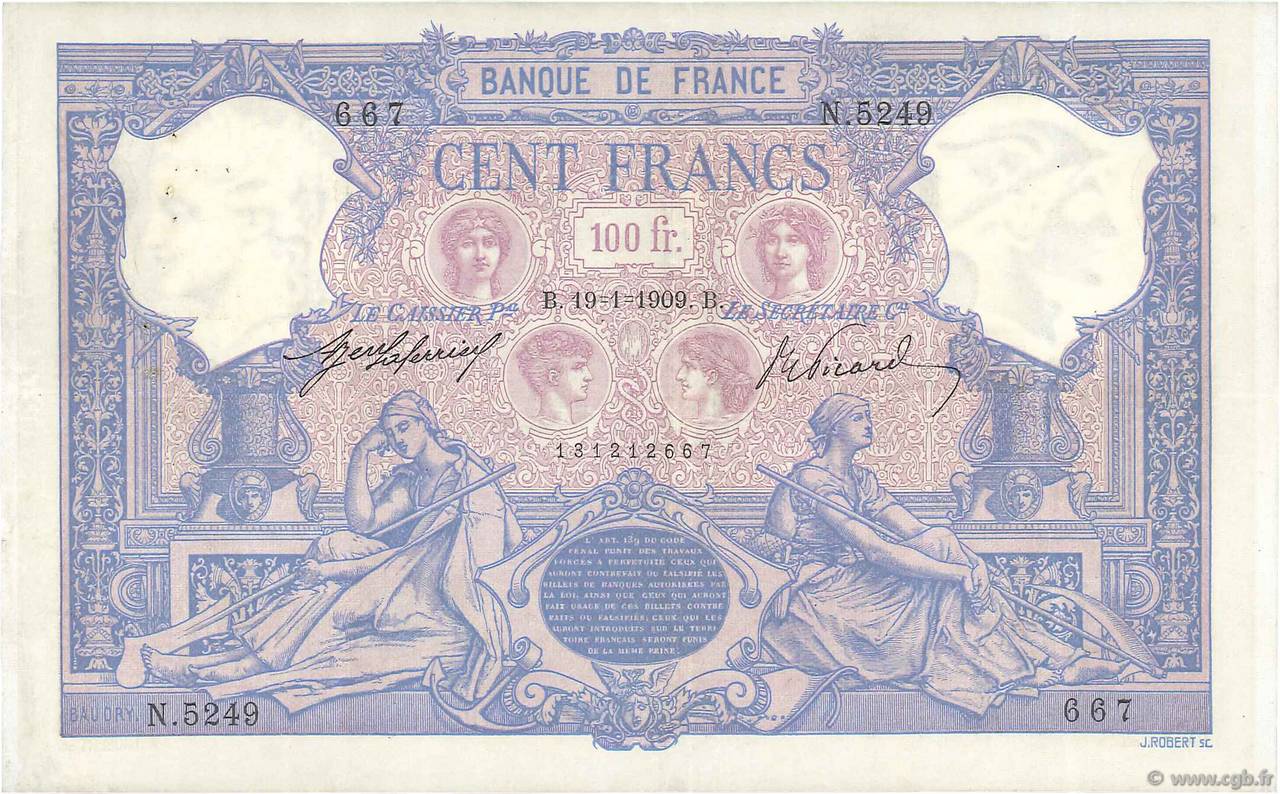 100 Francs BLEU ET ROSE FRANCIA  1909 F.21.24 MB a BB