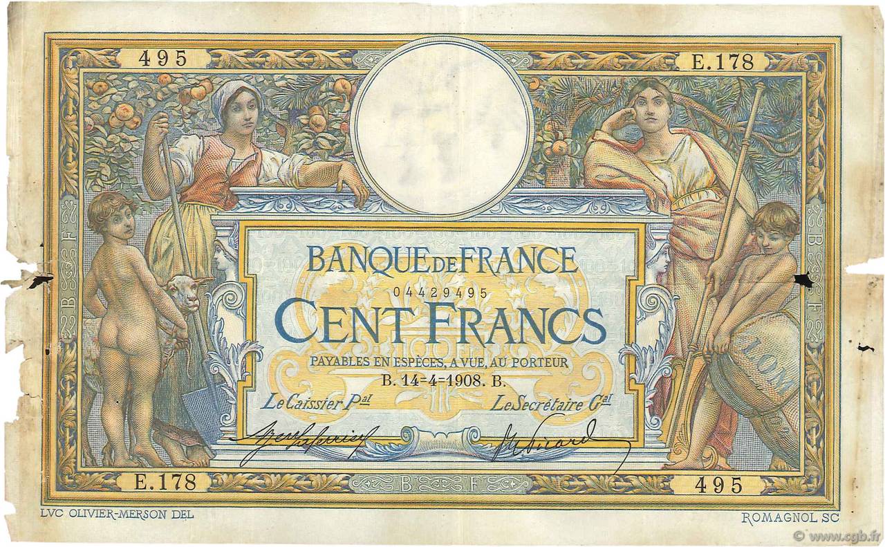 100 Francs LUC OLIVIER MERSON avec LOM FRANCE  1908 F.22.01 B+