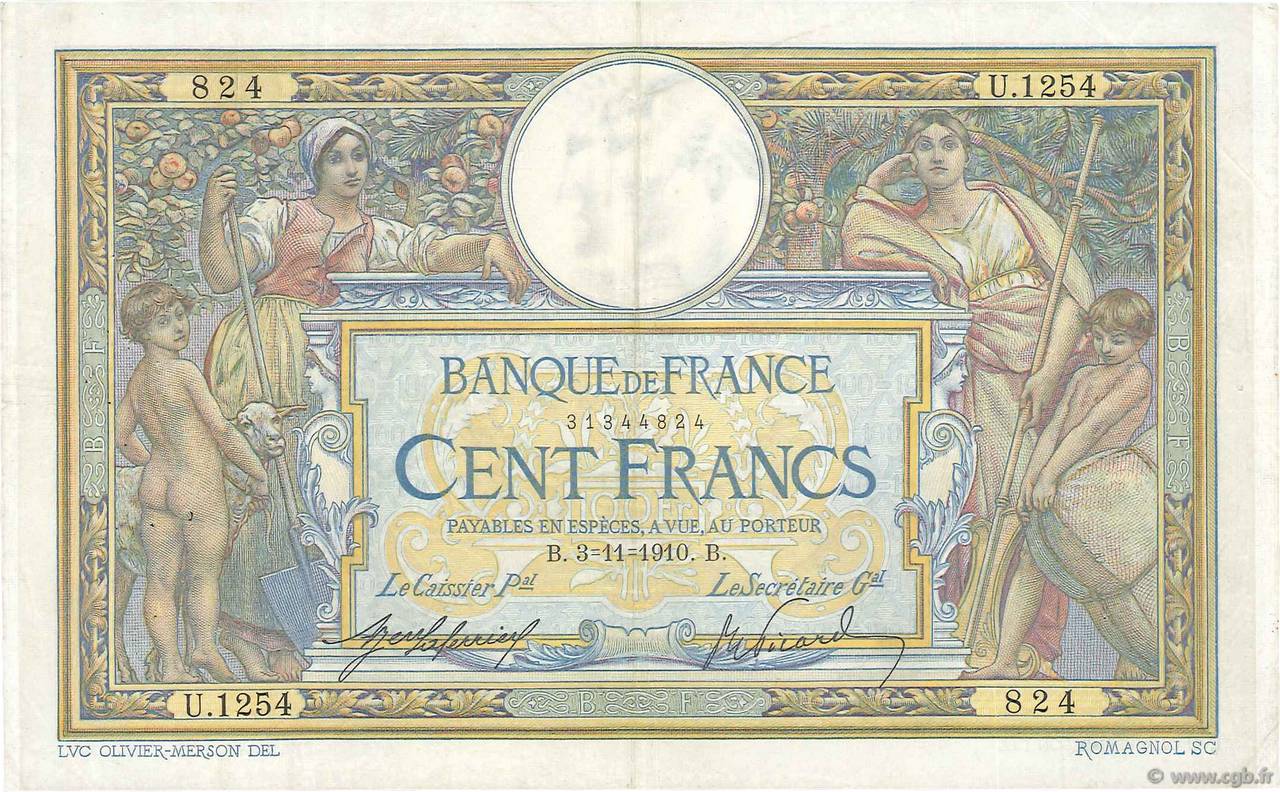 100 Francs LUC OLIVIER MERSON sans LOM FRANKREICH  1910 F.23.02 SS