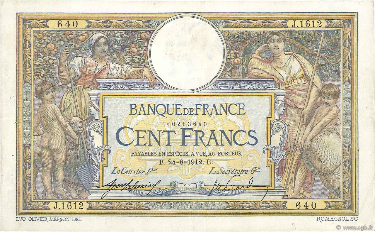 100 Francs LUC OLIVIER MERSON sans LOM FRANCE  1912 F.23.04 VF