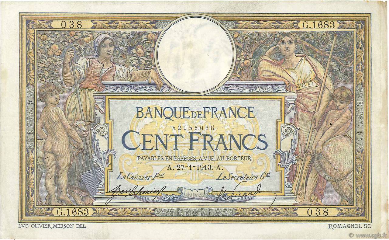 100 Francs LUC OLIVIER MERSON sans LOM FRANCE  1913 F.23.05 VF-