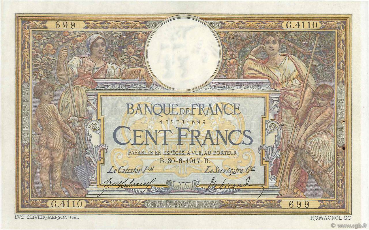 100 Francs LUC OLIVIER MERSON sans LOM FRANCIA  1917 F.23.09a BB to SPL
