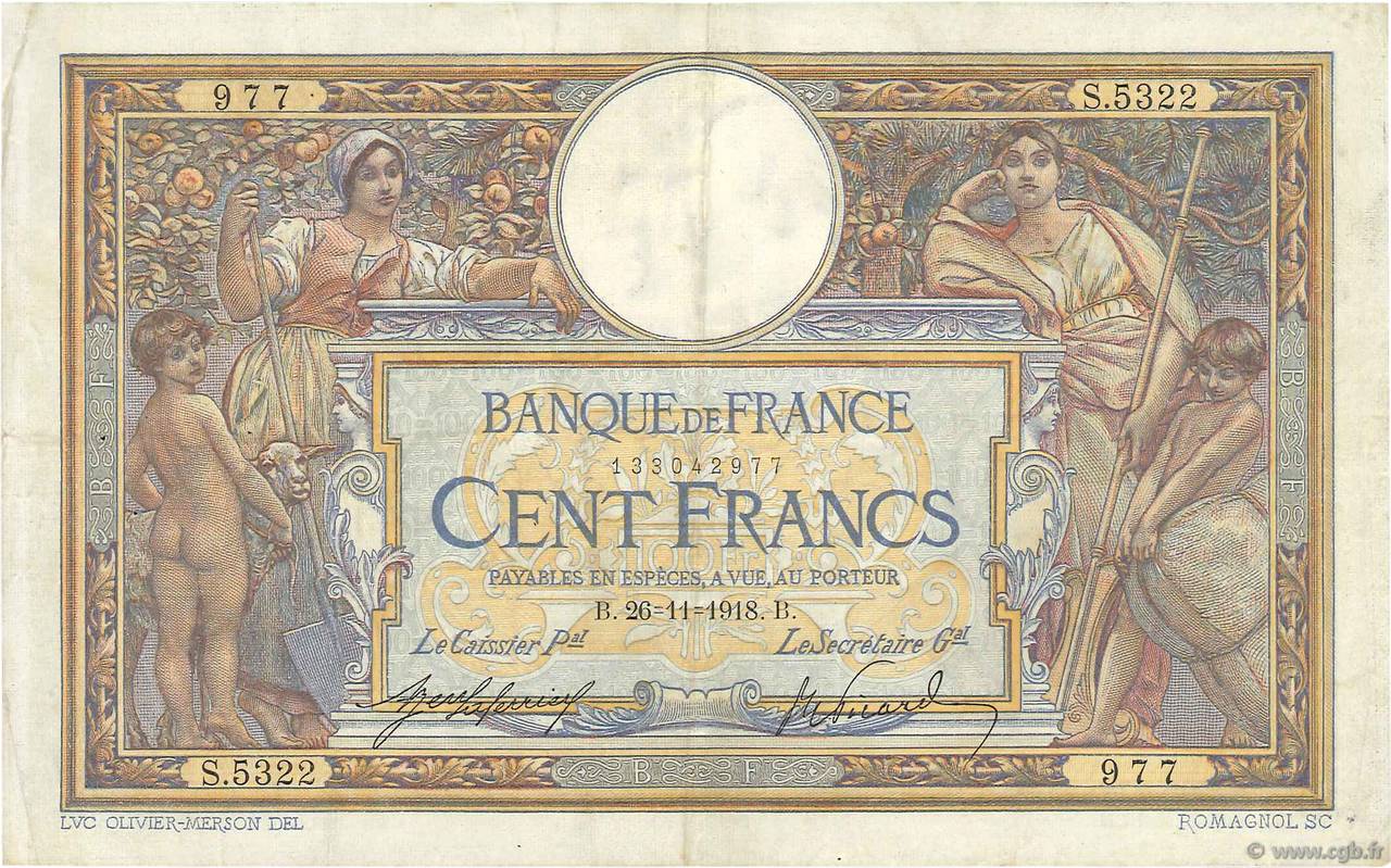 100 Francs LUC OLIVIER MERSON sans LOM FRANCE  1918 F.23.10 VF
