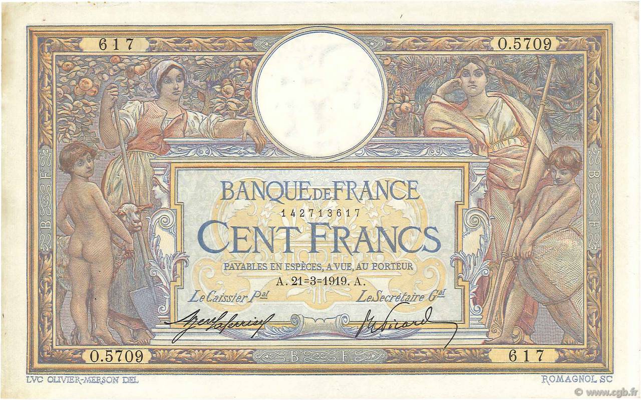 100 Francs LUC OLIVIER MERSON sans LOM FRANCE  1919 F.23.11 XF-