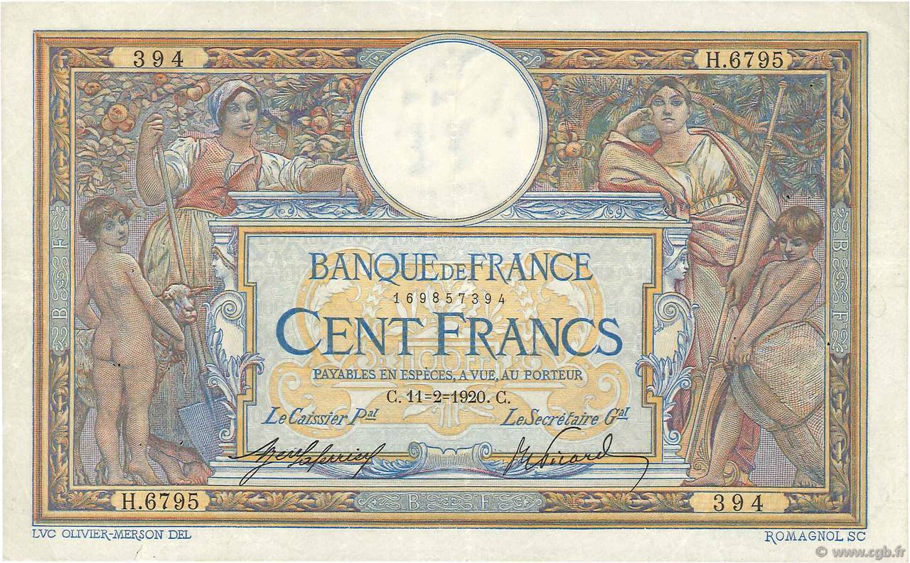 100 Francs LUC OLIVIER MERSON sans LOM FRANCE  1920 F.23.12 VF