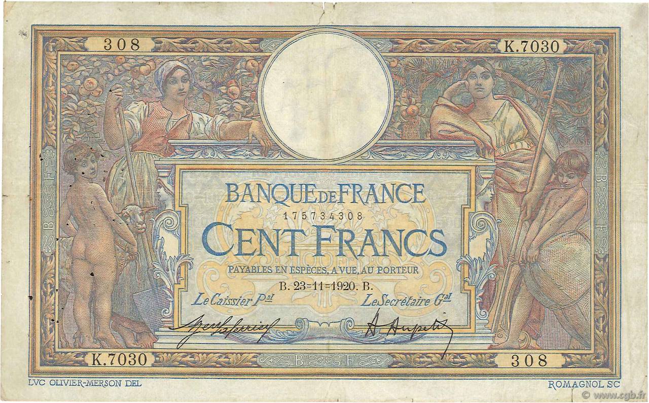 100 Francs LUC OLIVIER MERSON sans LOM FRANCE  1920 F.23.13 F-