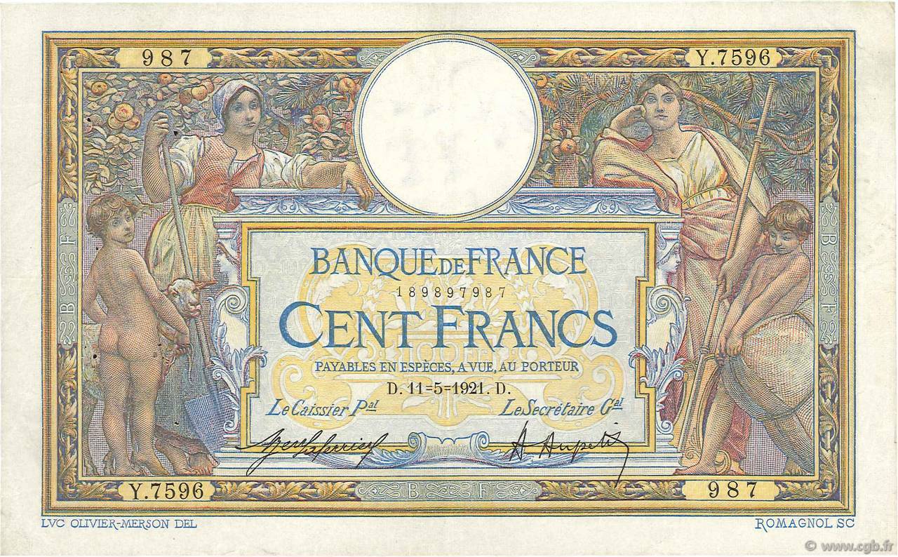100 Francs LUC OLIVIER MERSON sans LOM FRANCE  1921 F.23.14 VF-