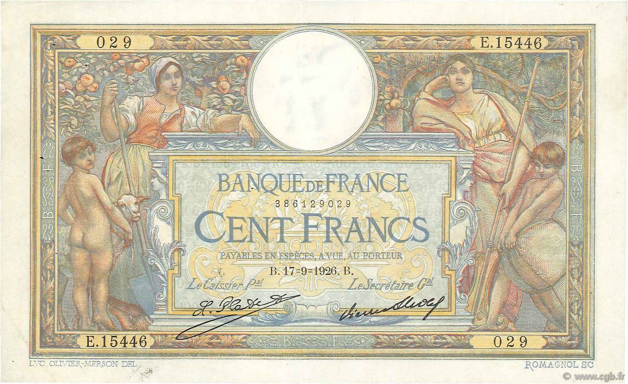 100 Francs LUC OLIVIER MERSON grands cartouches FRANKREICH  1926 F.24.05 SS