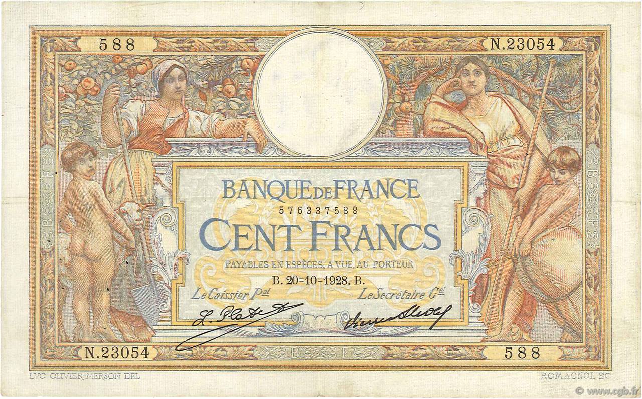 100 Francs LUC OLIVIER MERSON grands cartouches FRANCE  1928 F.24.07 VF